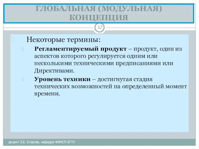 ГЛОБАЛЬНАЯ (МОДУЛЬНАЯ) КОНЦЕПЦИЯ доцент З.Е. Егорова, кафедра ФХМСП БГТУ Некоторые термины: