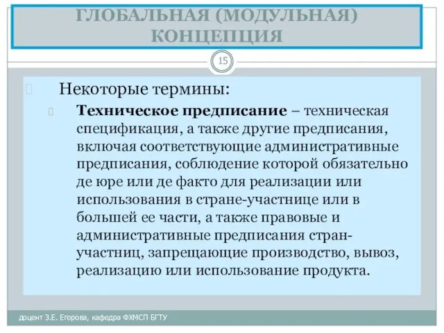 ГЛОБАЛЬНАЯ (МОДУЛЬНАЯ) КОНЦЕПЦИЯ доцент З.Е. Егорова, кафедра ФХМСП БГТУ Некоторые термины: