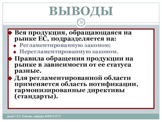 ВЫВОДЫ доцент З.Е. Егорова, кафедра ФХМСП БГТУ Вся продукция, обращающаяся на