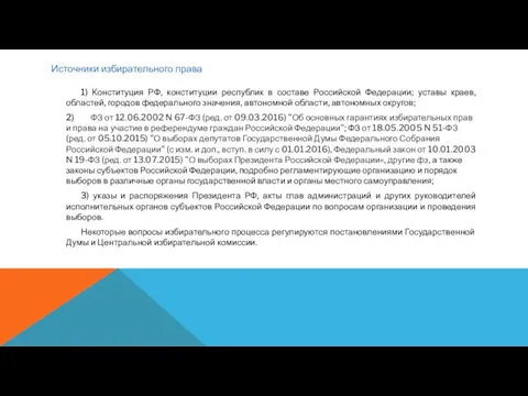 Источники избирательного права 1) Конституция РФ, конституции республик в составе Российской