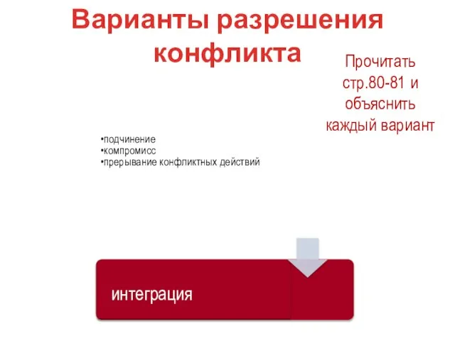 подчинение компромисс прерывание конфликтных действий интеграция Варианты разрешения конфликта Прочитать стр.80-81 и объяснить каждый вариант