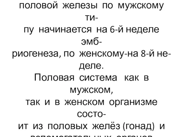 Дифференциация индифферентной половой железы по мужскому ти- пу начинается на 6-й