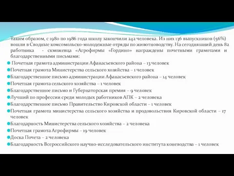 Таким образом, с 1980 по 1986 года школу закончили 242 человека.