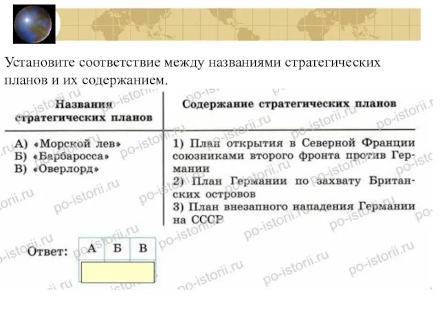 Установите соответствие между названиями стратегических планов и их содержанием.