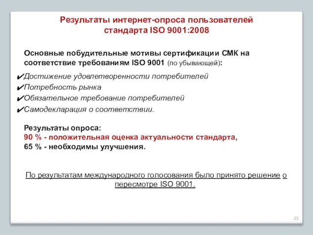 Результаты интернет-опроса пользователей стандарта ISO 9001:2008 Основные побудительные мотивы сертификации СМК