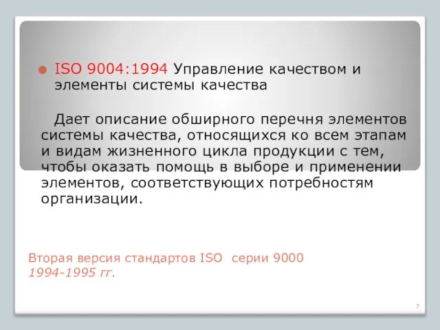 Вторая версия стандартов ISO серии 9000 1994-1995 гг. ISO 9004:1994 Управление