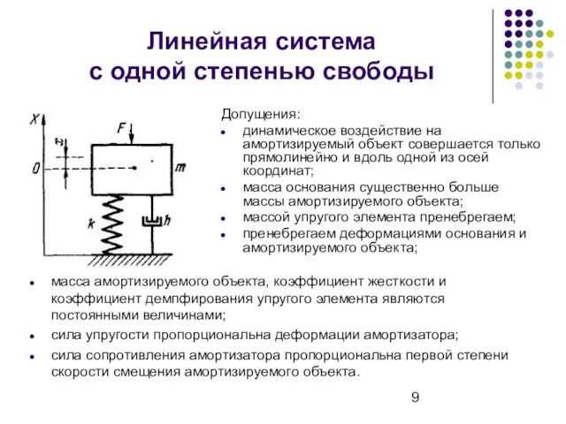 Линейная система с одной степенью свободы Допущения: динамическое воздействие на амортизируемый