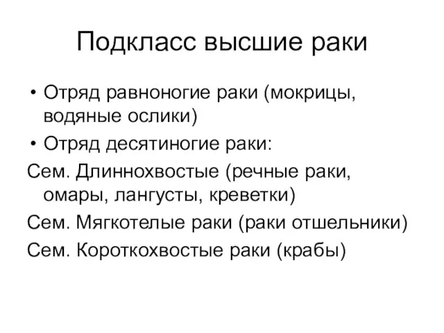 Подкласс высшие раки Отряд равноногие раки (мокрицы, водяные ослики) Отряд десятиногие