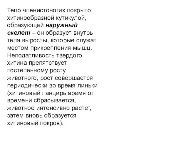 Тело членистоногих покрыто хитинообразной кутикулой, образующей наружный скелет – он образует