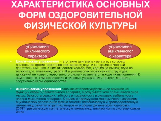 ХАРАКТЕРИСТИКА ОСНОВНЫХ ФОРМ ОЗДОРОВИТЕЛЬНОЙ ФИЗИЧЕСКОЙ КУЛЬТУРЫ Циклические упражнения -- это такие