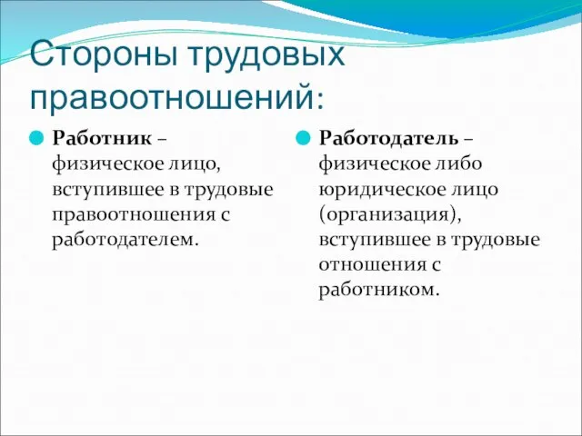 Стороны трудовых правоотношений: Работник – физическое лицо, вступившее в трудовые правоотношения