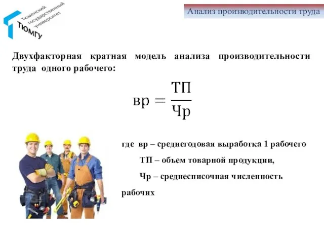 Анализ производительности труда Двухфакторная кратная модель анализа производительности труда одного рабочего: