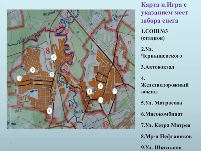 Карта п.Игра с указанием мест забора снега 1.СОШ№3 (стадион) 2.Ул. Чернышевского