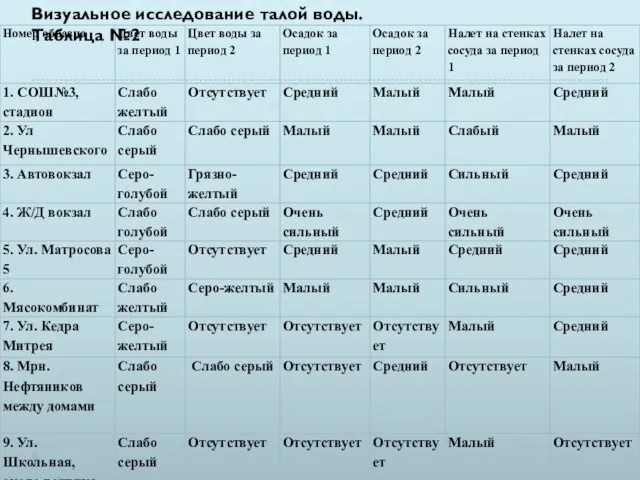 Визуальное исследование талой воды. Таблица №2