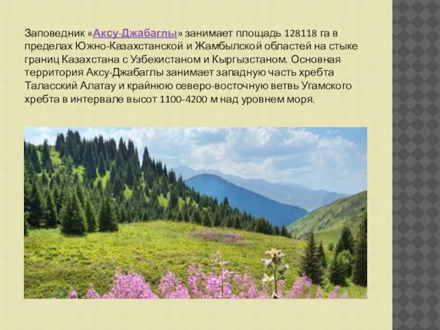 Заповедник «Аксу-Джабаглы» занимает площадь 128118 га в пределах Южно-Казахстанской и Жамбылской
