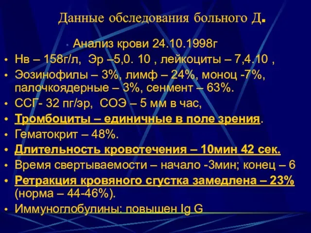 Данные обследования больного Д. Анализ крови 24.10.1998г Нв – 158г/л, Эр