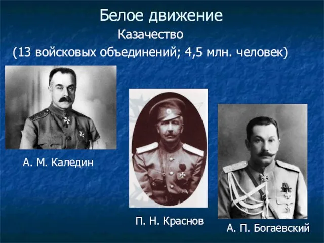 Белое движение Казачество (13 войсковых объединений; 4,5 млн. человек) П. Н.