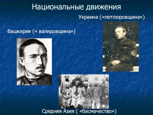 Национальные движения Украина («петлюровщина») Башкирия (« валидовщина») Средняя Азия ( «басмачество»)