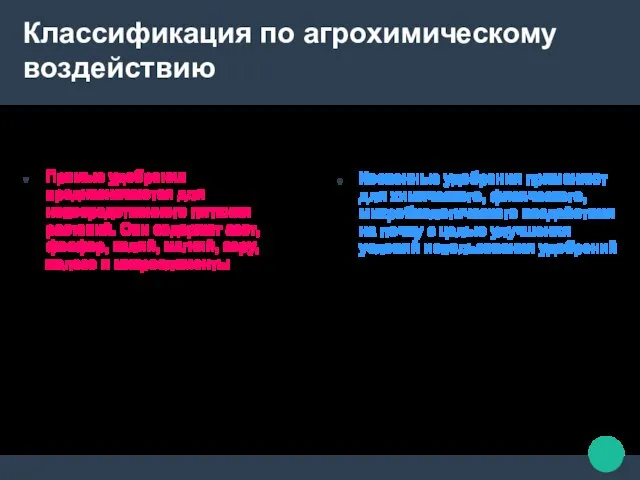 Классификация по агрохимическому воздействию Прямые удобрения предназначаются для непосредственного питания растений.