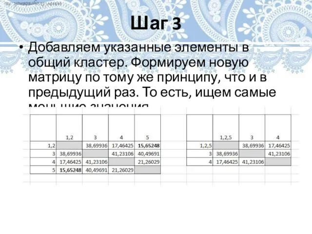 Шаг 3 Добавляем указанные элементы в общий кластер. Формируем новую матрицу