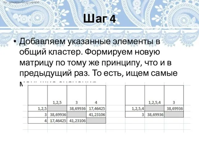 Шаг 4 Добавляем указанные элементы в общий кластер. Формируем новую матрицу