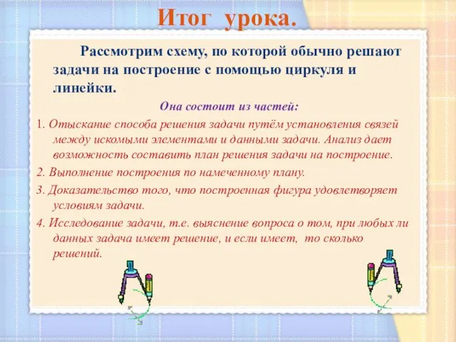 Итог урока. Рассмотрим схему, по которой обычно решают задачи на построение