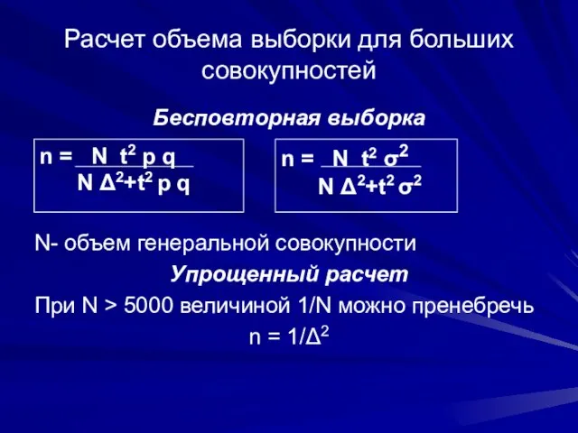 Расчет объема выборки для больших совокупностей Бесповторная выборка N- объем генеральной