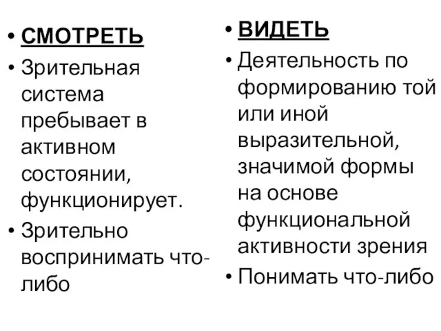 СМОТРЕТЬ Зрительная система пребывает в активном состоянии, функционирует. Зрительно воспринимать что-либо