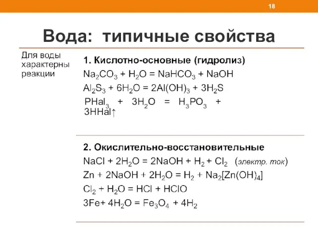 Вода: типичные свойства PHal3 + 3H2O = H3PO3 + 3HHal↑