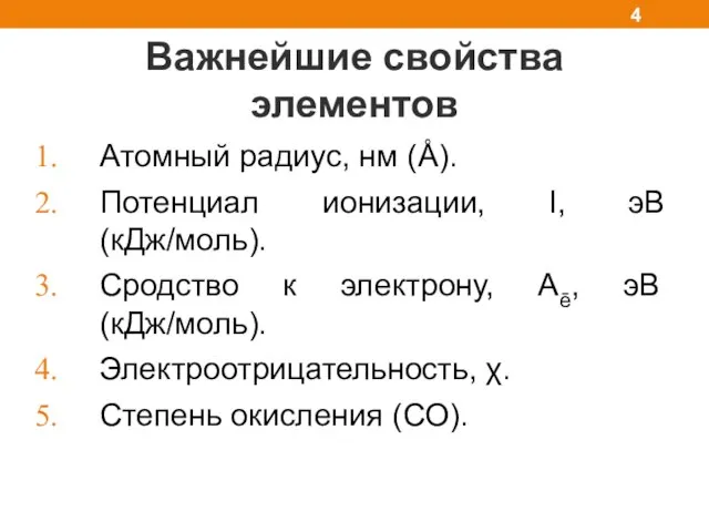 Важнейшие свойства элементов Атомный радиус, нм (Å). Потенциал ионизации, I, эВ