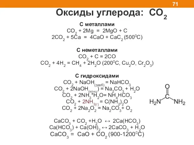 Оксиды углерода: СО2 C металлами CO2 + 2Mg = 2MgO +