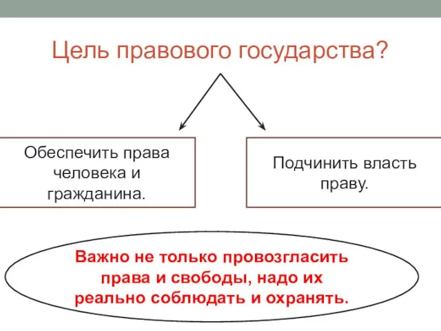 Цель правового государства? Обеспечить права человека и гражданина. Подчинить власть праву.