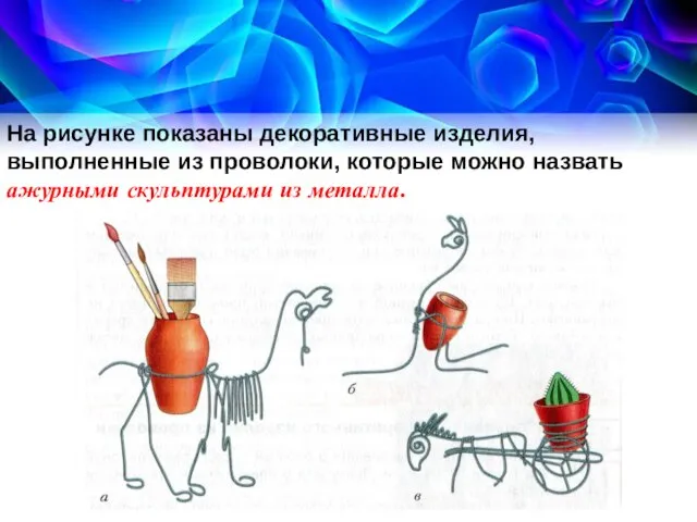 На рисунке показаны декоративные изделия, выполненные из прово­локи, которые можно назвать ажурными скульптурами из металла.