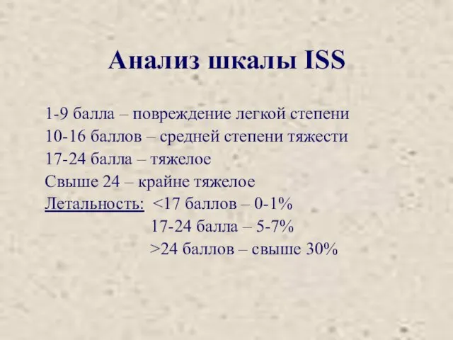 Анализ шкалы ISS 1-9 балла – повреждение легкой степени 10-16 баллов