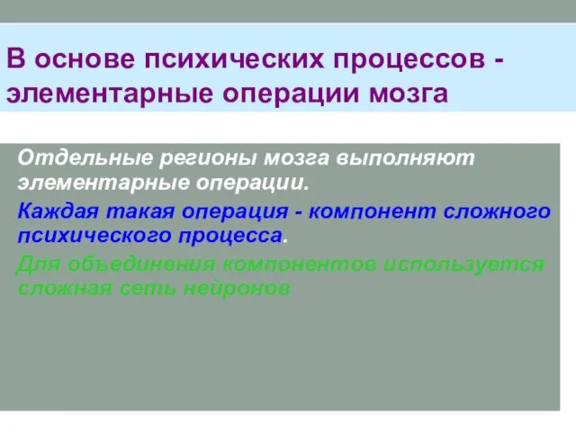 В основе психических процессов - элементарные операции мозга Отдельные регионы мозга