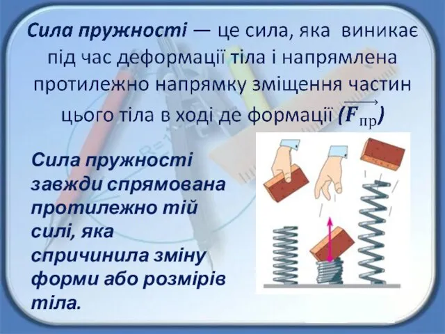 Сила пружності завжди спрямована протилежно тій силі, яка спричинила зміну форми або розмірів тіла.