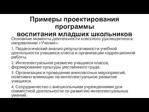 Примеры проектирования программы воспитания младших школьников Основные моменты деятельности классного руководителя