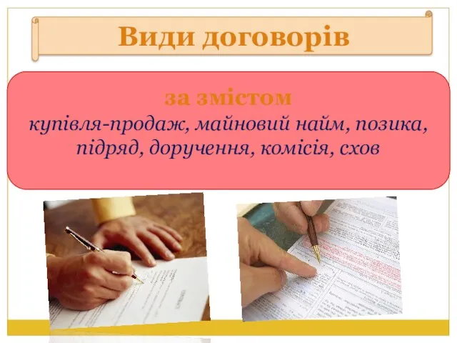 Види договорів за змістом купівля-продаж, майновий найм, позика, підряд, доручення, комісія, схов