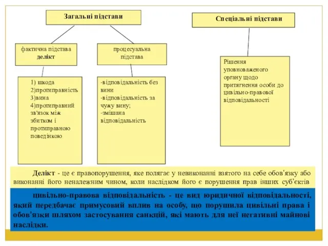 Загальні підстави Спеціальні підстави фактична підстава делікт процесуальна підстава -відповідальність без