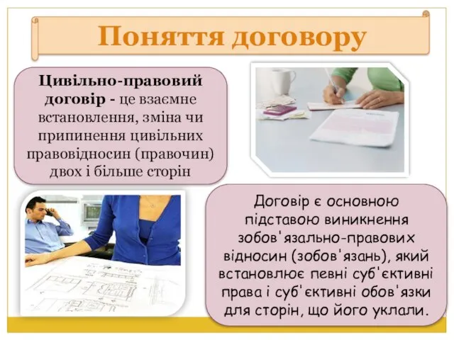 Поняття договору Цивільно-правовий договір - це взаємне встановлення, зміна чи припинення