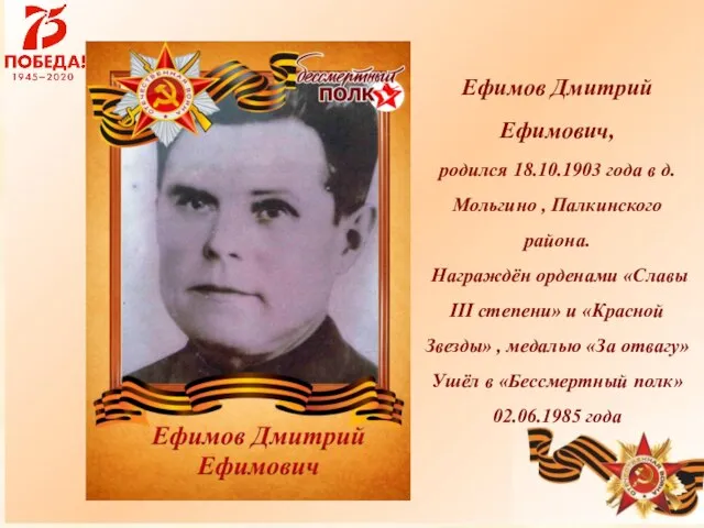 Ефимов Дмитрий Ефимович, родился 18.10.1903 года в д.Мольгино , Палкинского района.