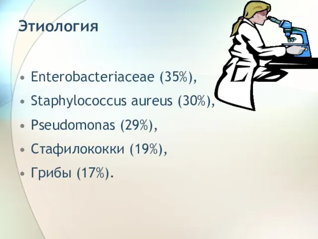 Этиология Enterobacteriaceae (35%), Staphylococcus aureus (30%), Pseudomonas (29%), Стафилококки (19%), Грибы (17%).