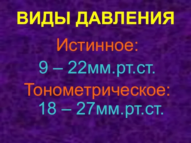 ВИДЫ ДАВЛЕНИЯ Истинное: 9 – 22мм.рт.ст. Тонометрическое: 18 – 27мм.рт.ст.