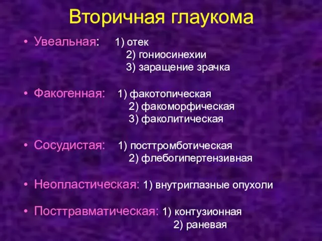 Вторичная глаукома Увеальная: 1) отек 2) гониосинехии 3) заращение зрачка Факогенная: