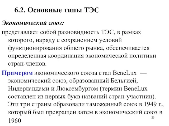 6.2. Основные типы ТЭС Экономический союз: представляет собой разновидность ТЭС, в