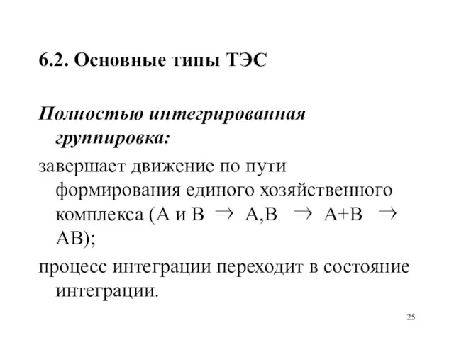 6.2. Основные типы ТЭС Полностью интегрированная группировка: завершает движение по пути