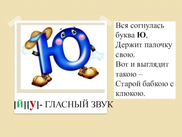 Вся согнулась буква Ю, Держит палочку свою. Вот и выглядит такою