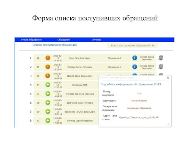 Форма списка поступивших обращений