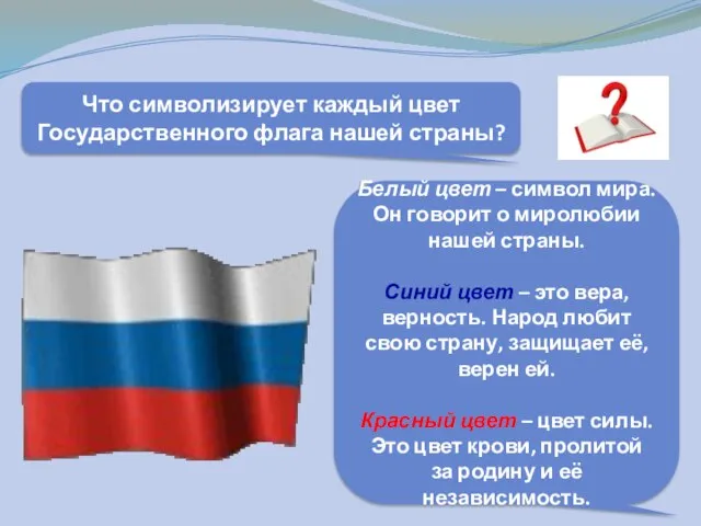 Что символизирует каждый цвет Государственного флага нашей страны? Белый цвет –