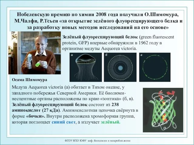 ФГОУ ВПО ЮФУ каф. биохимии и микробиологии Осама Шимомура Нобелевскую премию